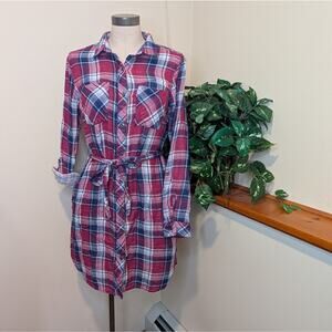 Kenneth Cole Reaction Plaid Button Front Shirt Dress Belted Pockets Size L
